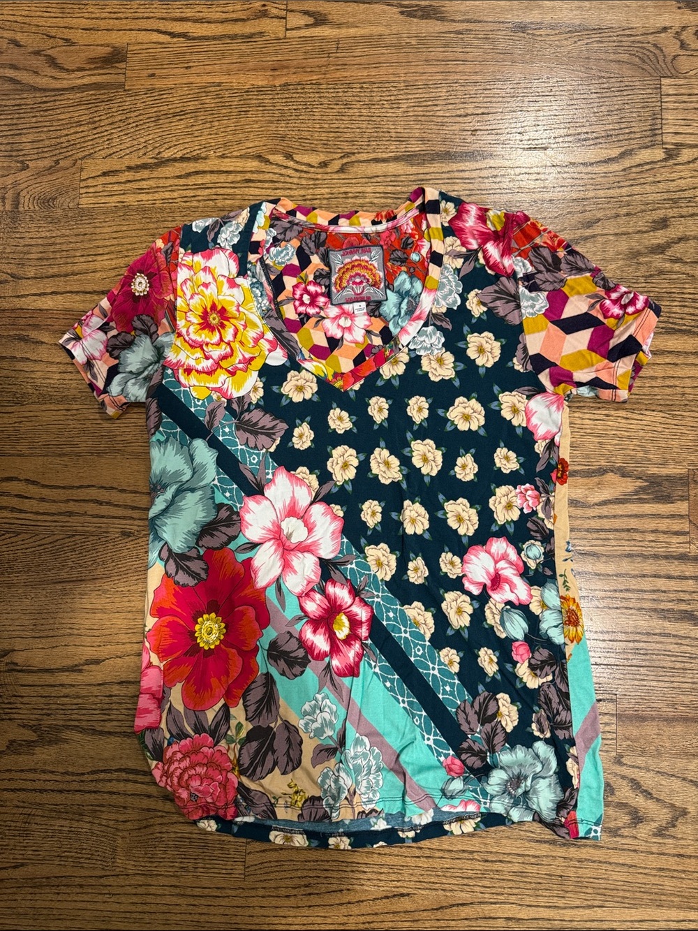 Johnny Was Floral Patchwork V-Neck Women’s Top in Multicolor